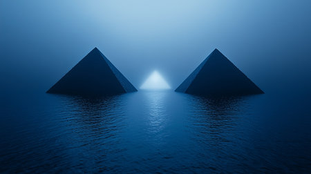 Two pyramids rise eerily from tranquil waters, shrouded in mist. A central light emanates softly, creating a serene and dreamlike atmosphere.の素材