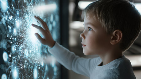 A young boy engages with a digital interface, exploring bright connections in a futuristic setting, showcasing curiosity, innovation, and the spirit of discovery.の素材