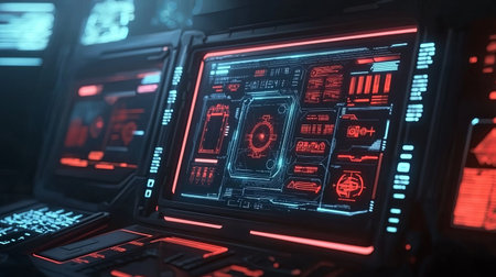 This image features a futuristic control panel interface glowing in neon colors, set against a dark background. It highlights advanced technology and design elements ideal for projects related to innovation and digital experiences.の素材