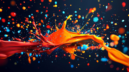 Stunning image of a vibrant paint splash with colorful droplets against a dark background, showcasing creativity and energy in an abstract design.の素材