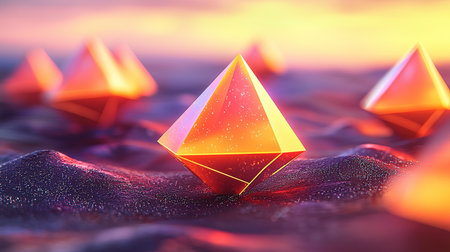 A stunning 3D rendering of glowing pyramids set against a vibrant abstract landscape at sunset, creating a surreal atmosphere with bright colors and reflections.の素材
