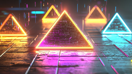 This stunning digital artwork features glowing neon pyramids in a dark environment. The vibrant colors and intricate patterns create a futuristic atmosphere.の素材