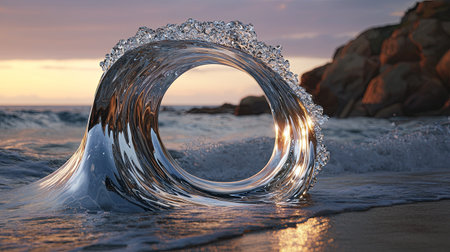 A stunning image of a crystal clear wave forming a circular arch on the beach at sunset. The interplay of light, water, and rock creates a serene and beautiful scene.の素材