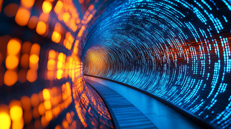 A captivating abstract image of a digital tunnel showcasing vibrant blue and orange light patterns, creating a sense of dynamic movement and depth.の素材