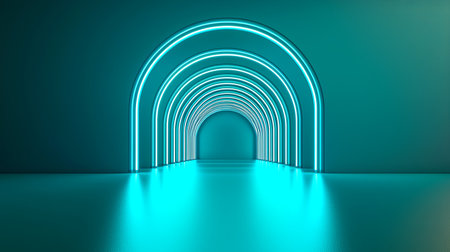 Explore a captivating futuristic tunnel adorned with glowing blue neon arches. The illuminated path creates a serene and modern atmosphere, ideal for creative projects.の素材