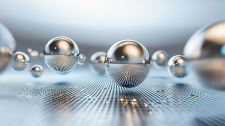 A captivating arrangement of reflective spheres resting on a textured surface, illuminated by soft ambient light that creates a modern and artistic atmosphere.の素材