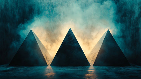 This captivating image features three pyramids emerging from a dense mist, illuminated by soft lighting, creating an aura of mystery and depth in a surreal landscape.の素材