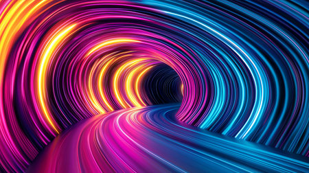 Experience the vibrant energy of a neon-lit tunnel with swirling colors. This abstract scene captures movement and futuristic design, perfect for creative projects.の素材