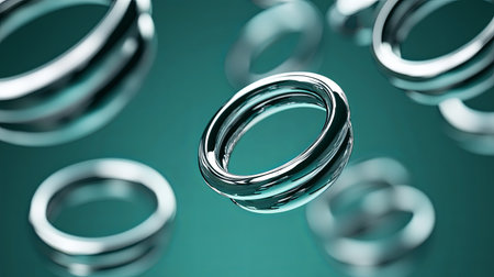 A stunning arrangement of abstract glass rings gracefully floating against a vibrant teal backdrop, creating a visually captivating and artistic composition.の素材