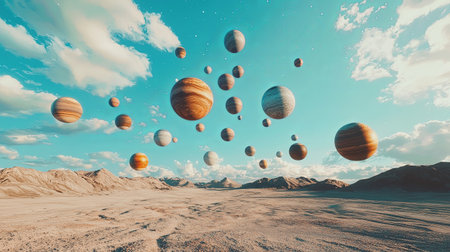 This surreal scene depicts a vibrant landscape filled with floating planets against a bright blue sky. The imaginative composition invites viewers into a dreamlike world.の素材