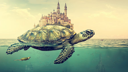 A surreal scene featuring a majestic turtle swimming gracefully in clear waters, with an enchanting castle cityscape hovering above. Perfect for fantasy themes.の素材