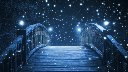 A beautiful winter scene featuring a wooden bridge illuminated by soft lights, surrounded by gently falling snowflakes and a serene night backdrop.の素材