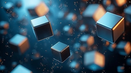A mesmerizing scene featuring floating 3D cubes set against a dark abstract background, enhanced by dynamic light effects, creating a modern and futuristic atmosphere.の素材