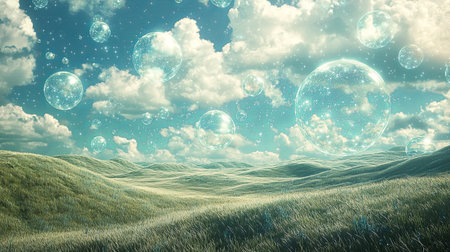 A surreal landscape showcases vibrant bubbles floating above lush green hills under a bright blue sky, evoking a sense of tranquility and wonder.の素材