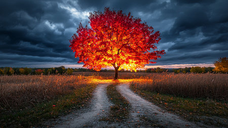 A striking red tree stands out against a dramatic sky at sunset, casting a warm glow on the winding path. This picturesque autumn scene showcases nature's vibrant beauty.の素材