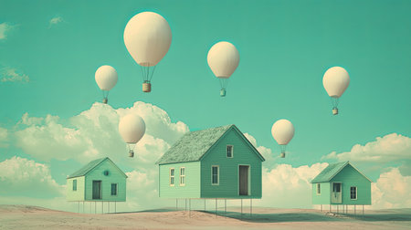 This surreal illustration showcases whimsical floating houses amidst soft clouds and vibrant hot air balloons, creating a dreamy atmosphere full of imagination.の素材