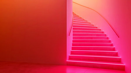 A captivating modern staircase highlights vibrant pink lighting against a clean backdrop. This minimalist design emphasizes elegance and contemporary aesthetics.の素材