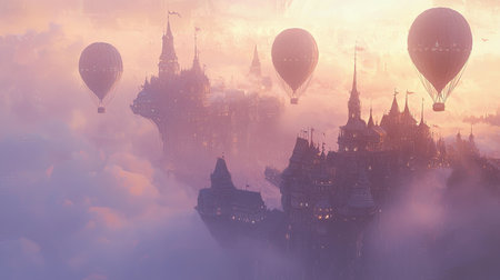A breathtaking scene of floating castles surrounded by colorful hot air balloons in a misty sky, creating a serene and dreamlike atmosphere.の素材