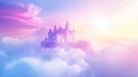 A majestic castle rises above fluffy clouds, enveloped in a soft pastel sky at sunset. This enchanting scene captures the essence of fantasy and serenity.の素材