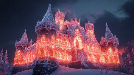 A breathtaking ice castle shines under the night sky, illuminated by a warm glow. This magical structure surrounded by snow creates a captivating winter scene full of wonder.の素材