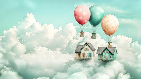 A whimsical scene depicting colorful balloons lifting charming houses above fluffy clouds, creating a dreamy atmosphere filled with adventure and imagination.の素材