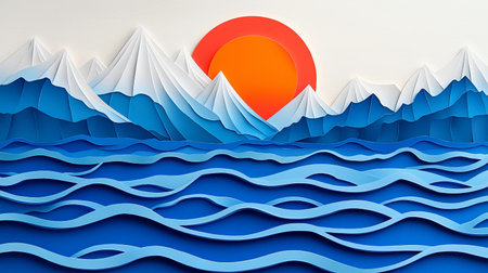 This artwork features a vibrant sunset with layered paper mountains and flowing waves, capturing a serene and creative landscape in striking colors.の素材