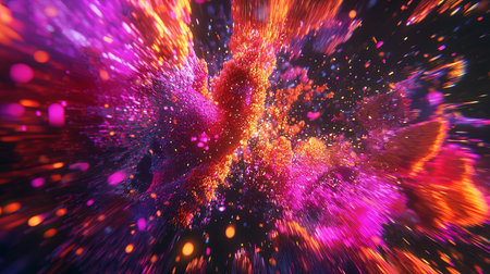 Experience a stunning abstract explosion of vibrant colors and particles, creating a cosmic atmosphere filled with energy and movement. Perfect for creative projects.の素材