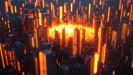 A vibrant futuristic cityscape features glowing neon lights and an energy core, creating a mesmerizing atmosphere that highlights modern architecture and digital innovation.の素材