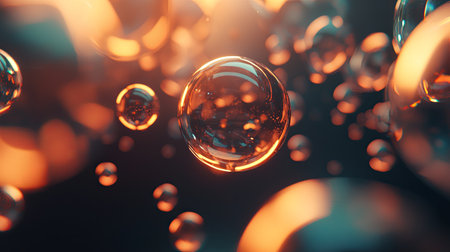 This image showcases vibrant orange and blue bubbles floating in darkness, illuminated by soft light reflections. Perfect for artistic and abstract projects.の素材