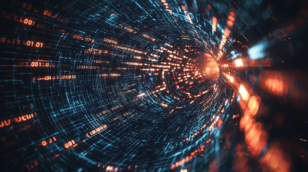 A stunning visual depicting an abstract data stream flowing through a futuristic tunnel. The vibrant colors and light effects create a captivating sense of depth and motion.の素材