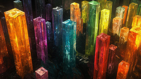 A captivating landscape of colorful crystal structures reflecting light in a digital realm. The vibrant gems create a stunning visual display, evoking wonder.の素材