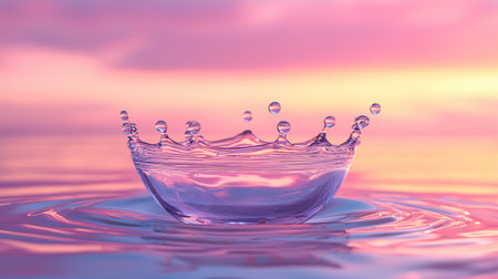 A stunning image capturing a delicate water splash with droplets over a calm surface at sunset, showcasing beauty and tranquility in nature's artwork.の素材