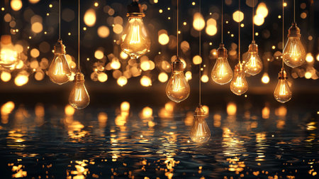 Captivating image of glowing light bulbs suspended above a tranquil water surface, creating an enchanting atmosphere with soft bokeh lights reflecting beautifully.の素材