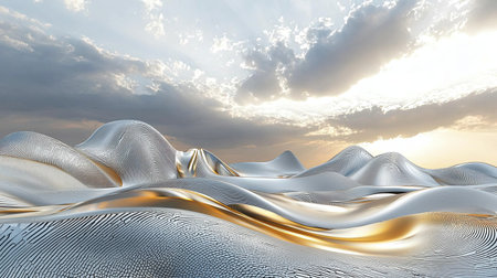 Enchanting abstract landscape features flowing silver waves with golden accents, set against a dramatic sky. Ideal for artistic and serene themes.の素材