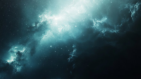 Explore a stunning cosmic scene featuring a vibrant nebula glowing in shades of blue and black, adorned with twinkling stars, showcasing the beauty of the universe.の素材