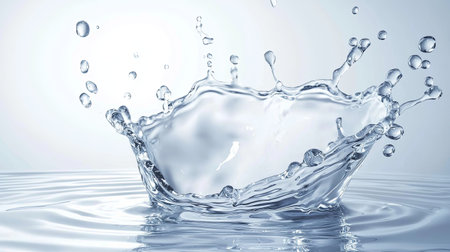 A stunning close-up of water splashing into a serene blue surface, capturing the dynamic interplay of droplets creating ripples, symbolizing freshness and tranquility.の素材