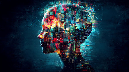 A striking silhouette of a head filled with vibrant city lights, showcasing a fusion of urban life and digital art. Ideal for themes of technology and imagination.の素材