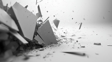 Dynamic image featuring an abstract explosion of shattered white blocks. Dust and particles create a dramatic effect, ideal for creative projects.の素材