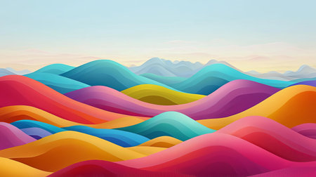 A stunning abstract landscape featuring vibrant, wavy hills in various colors. This modern artwork evokes feelings of tranquility and creativity, perfect for backgrounds.の素材