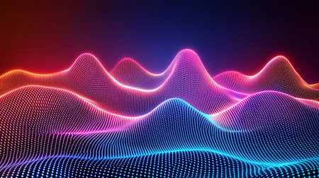 A stunning digital representation of colorful waves with glowing light patterns in a 3D space. Ideal for background use in technology or artistic projects.の素材