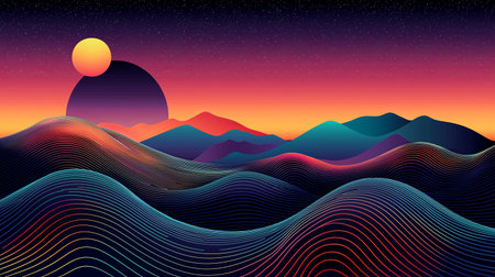 A vibrant abstract landscape featuring colorful waves and celestial elements, showcasing a gradient sunset and surreal mountains for a calming visual experience.の素材