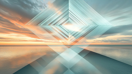 This mesmerizing abstract artwork features geometric shapes reflecting in calm water during sunset, creating a serene and captivating atmosphere perfect for modern designs.の素材