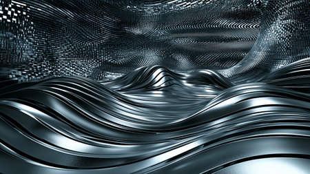 Immerse yourself in this abstract composition featuring metallic waves and a futuristic digital environment, offering a unique visual experience full of depth and fluidity.の素材