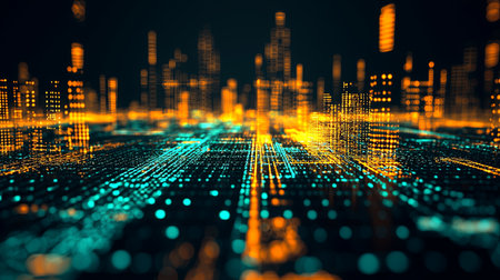 A vibrant futuristic cityscape showcasing glowing neon lights and intricate digital connections, emphasizing technology and modern architectural design.の素材
