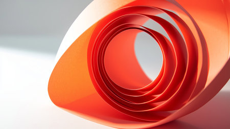 A close-up of vibrant red paper strips forming a smooth spiral shape. The interplay of light and shadows highlights the artistic texture and elegance.の素材
