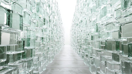 A captivating view of transparent glass blocks arranged to form a luminous pathway, inviting exploration and creating a serene atmosphere filled with reflections.の素材