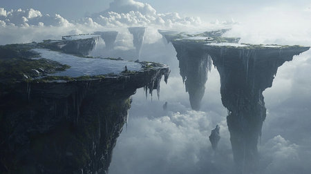 Experience a breathtaking view of majestic floating islands hovering above fluffy clouds, showcasing an ethereal landscape filled with tranquility and beauty.の素材