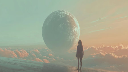 A stunning surreal landscape featuring a solitary figure gazing at an enormous planet above fluffy clouds. The image evokes feelings of wonder and tranquility, perfect for imaginative themes.の素材