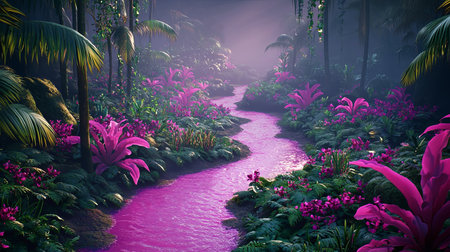 A captivating tropical jungle scene featuring a pink river surrounded by lush green foliage and vibrant flowers, evoking a sense of tranquility and natural beauty.の素材
