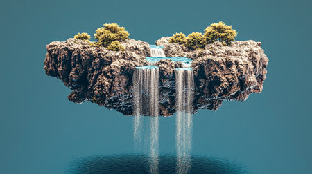 A stunning floating island featuring cascading waterfalls and lush greenery over tranquil blue water, creating an enchanting and dreamlike landscape full of serenity.の素材